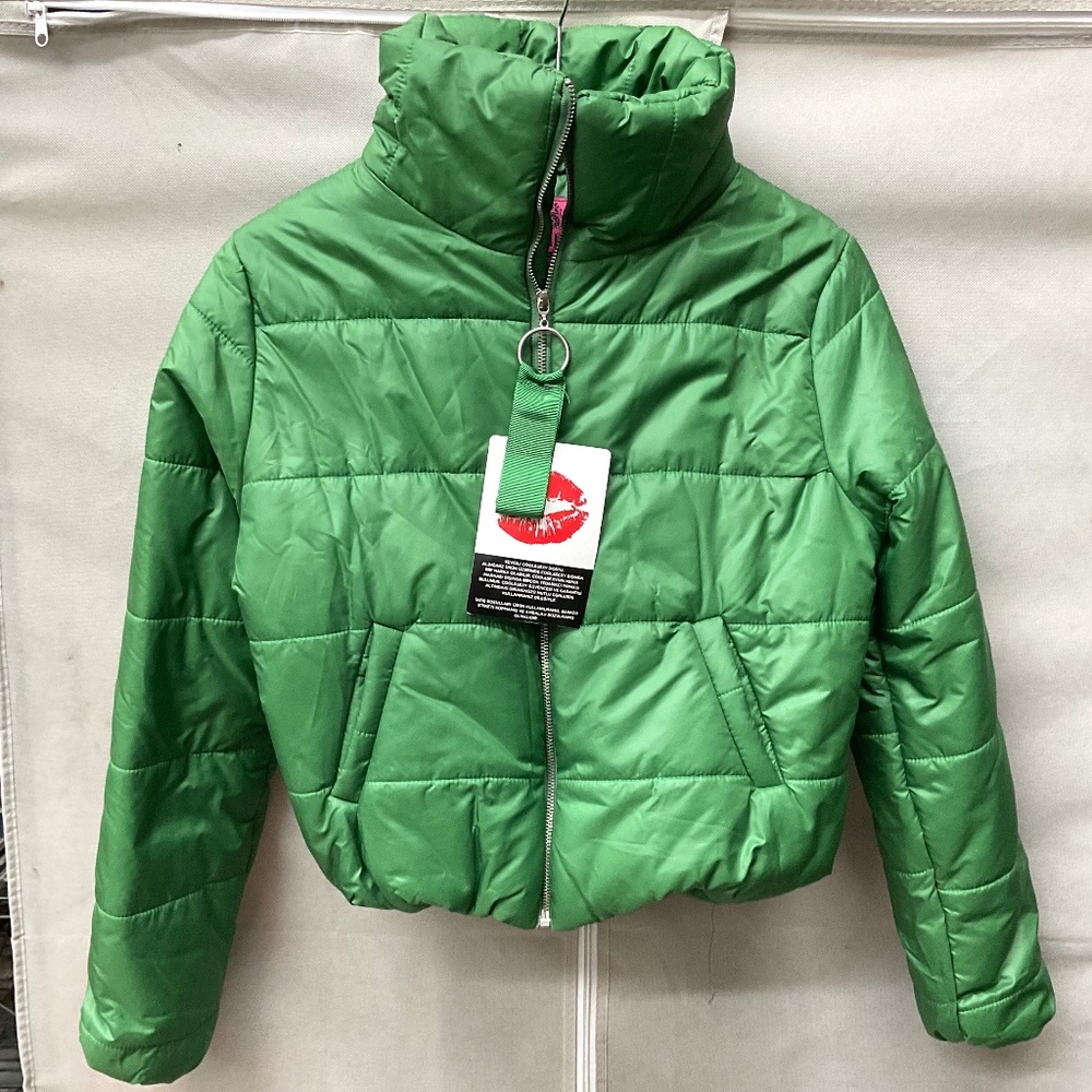 Green Cropped Puffer Jacket NWT – Oversized Ring Zip, High Neck, Y2K Streetwear - Picture 7 of 14